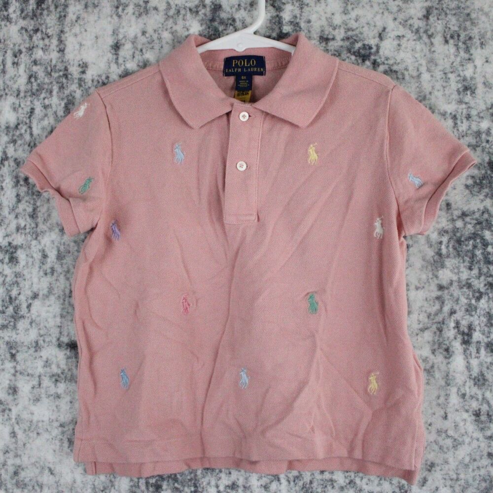 Polo Ralph Lauren Girls Size 6X Pink AOP All Over Pony Pique Polo Shirt S/S